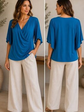Coco Bianco Blue Cold Shoulder Faux Wrap Top Flutter Sleeve Size M
